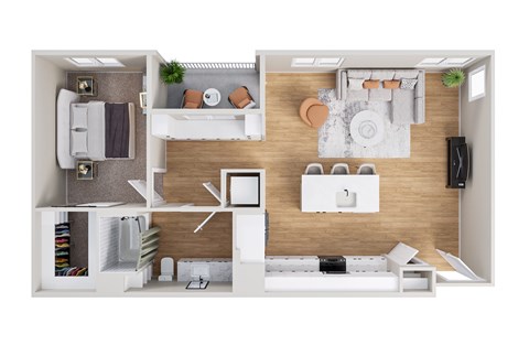 A top-down view of a modern apartment layout.